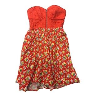 Xhilaration XS Orange Multicolored Floral Mini Dress Strapless‎ Zip Top Cotton